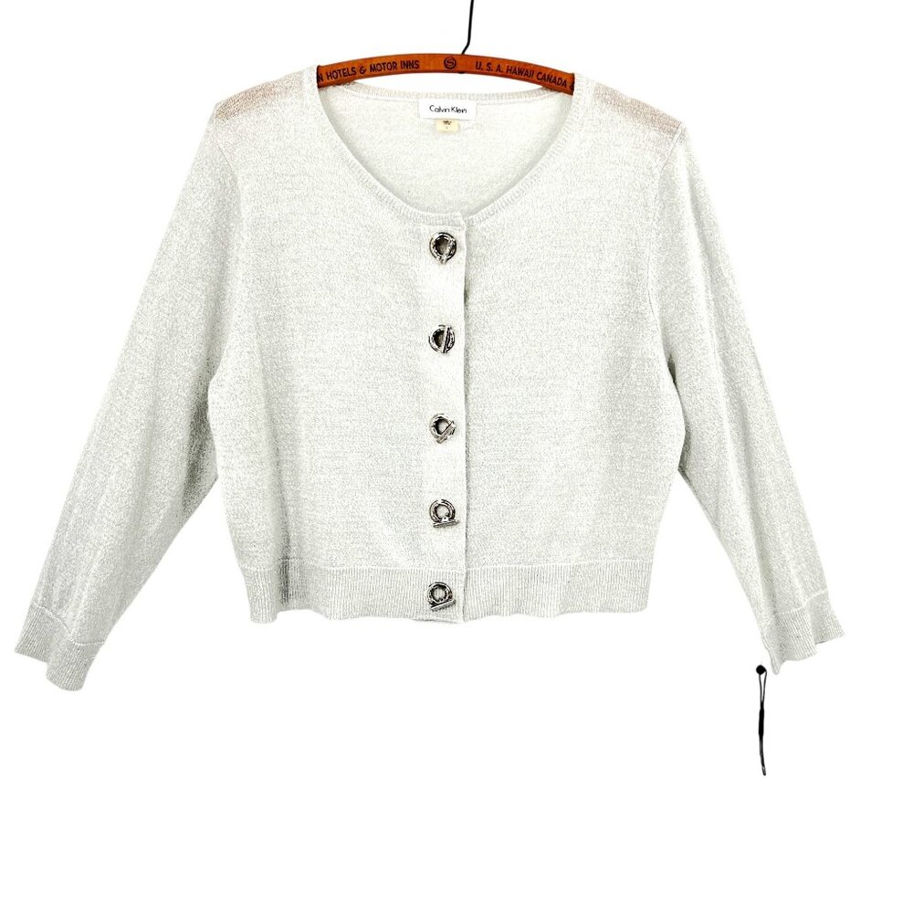 Metallic Cropped Sweater Large Calvin Klein Silver Knit Cardigan Toggle Buttons